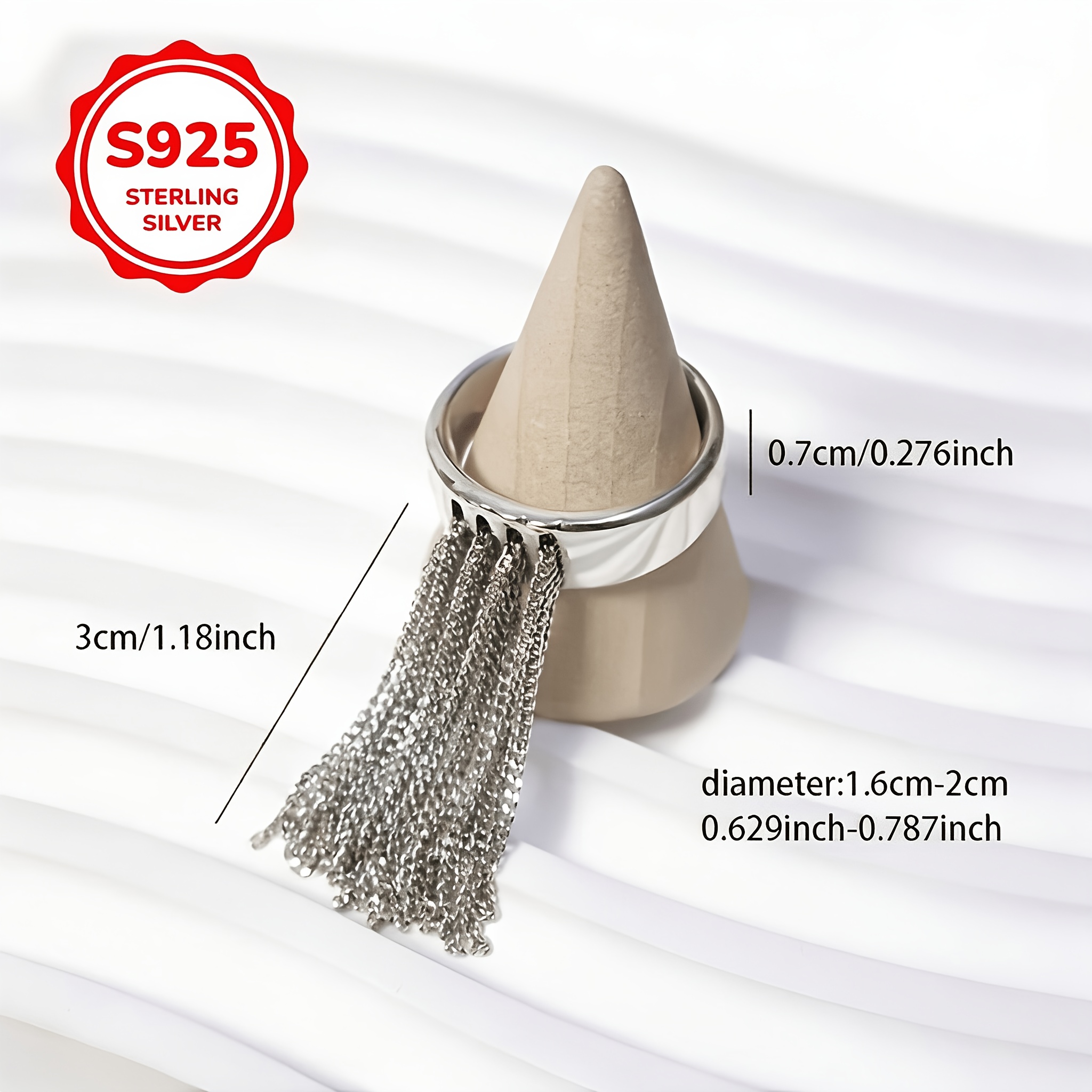 925 Silver Geometric Tassel Long Chain Adjustable Ring